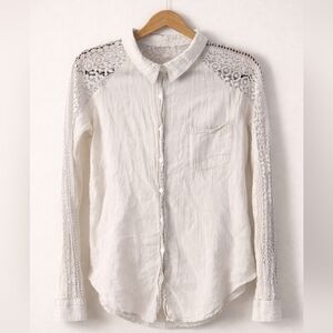 Light Grey Cotton Lace Button Up Blouse Long Sleeve Boho Cottagecore Shirt Large